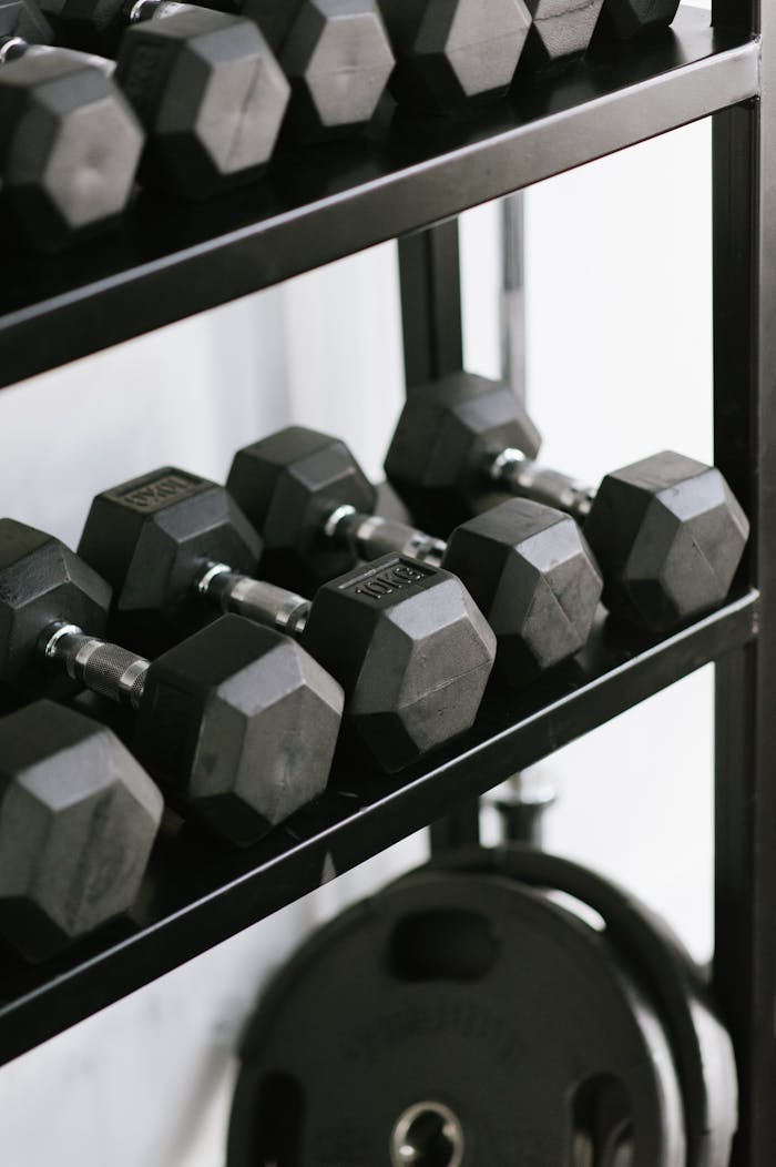 Black hex dumbbells neatly arranged on gym shelves for strength training. Perfect for fitness enthusiasts.